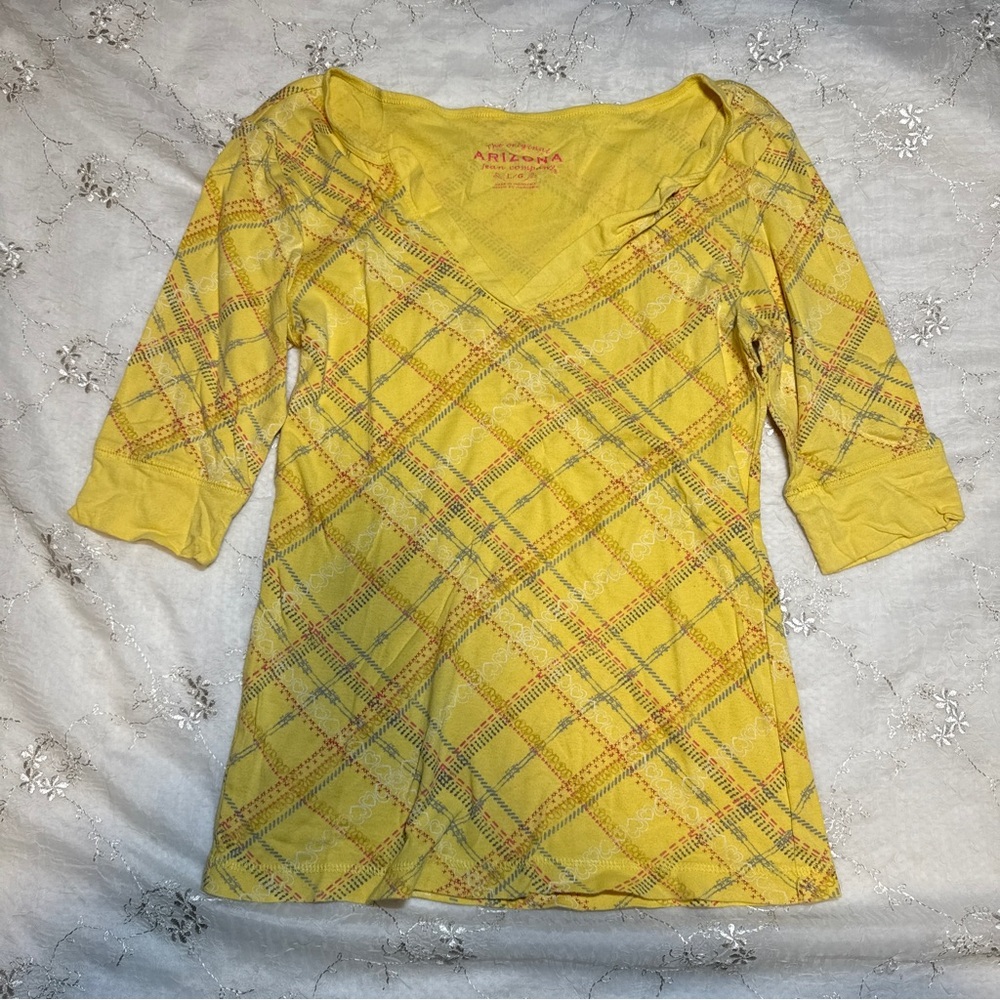 Vintage Y2K Yellow Plaid 3/4 Sleeve T-Shirt – Size XL